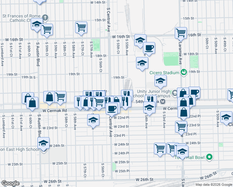 map of restaurants, bars, coffee shops, grocery stores, and more near 1931 South Central Avenue in Cicero