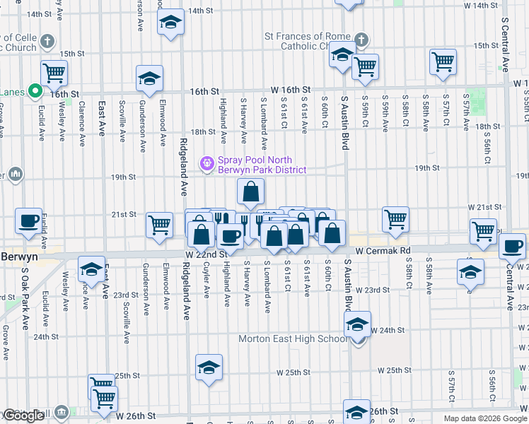map of restaurants, bars, coffee shops, grocery stores, and more near 1929 South Lombard Avenue in Cicero