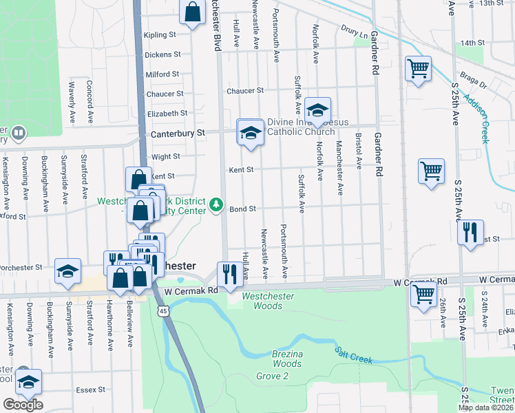 map of restaurants, bars, coffee shops, grocery stores, and more near 1847 Newcastle Avenue in Westchester