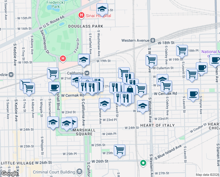 map of restaurants, bars, coffee shops, grocery stores, and more near 2622 West 21st Place in Chicago