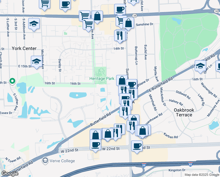 map of restaurants, bars, coffee shops, grocery stores, and more near 17W706 East Butterfield Road in Villa Park