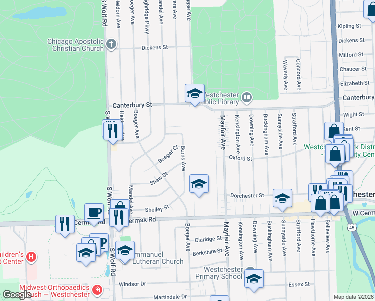map of restaurants, bars, coffee shops, grocery stores, and more near 1804 Burns Avenue in Westchester
