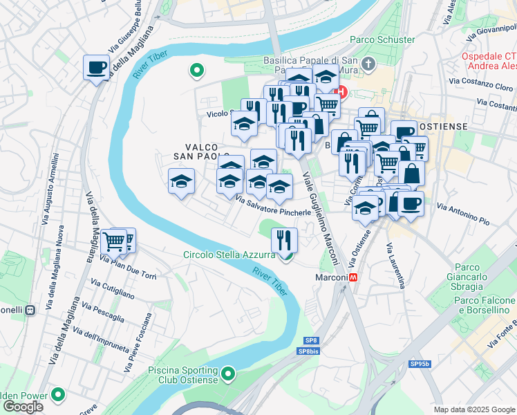 map of restaurants, bars, coffee shops, grocery stores, and more near 140 Via Salvatore Pincherle in Roma