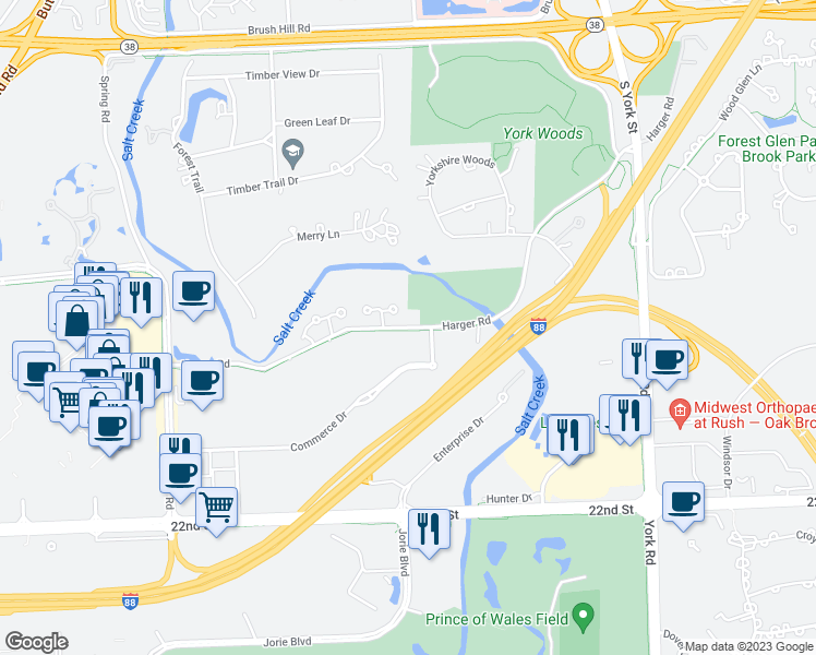 map of restaurants, bars, coffee shops, grocery stores, and more near 805 Coventry Lane in Oak Brook