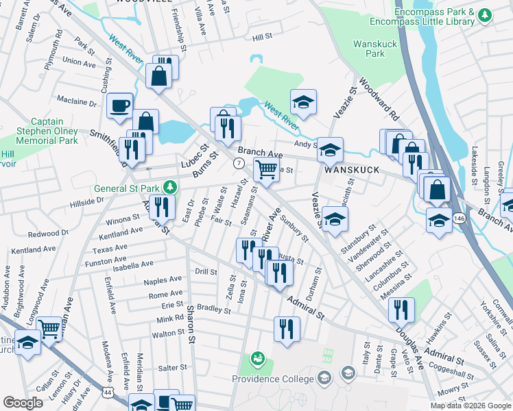 map of restaurants, bars, coffee shops, grocery stores, and more near 228 Sunbury Street in Providence