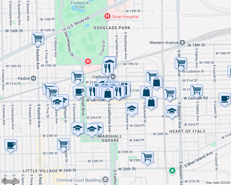 map of restaurants, bars, coffee shops, grocery stores, and more near 2122 South Fairfield Avenue in Chicago
