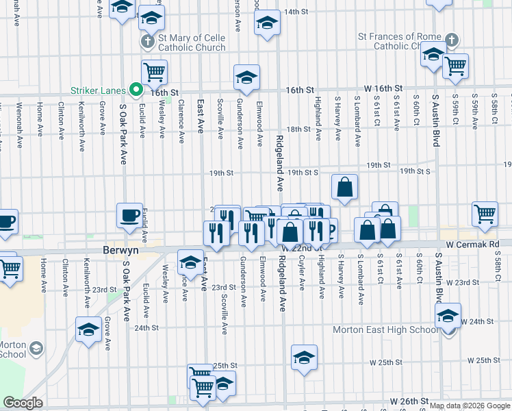 map of restaurants, bars, coffee shops, grocery stores, and more near 1942 Elmwood Avenue in Berwyn