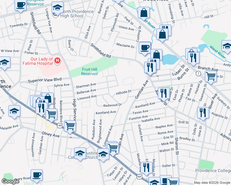 map of restaurants, bars, coffee shops, grocery stores, and more near 101 Hillside Drive in North Providence