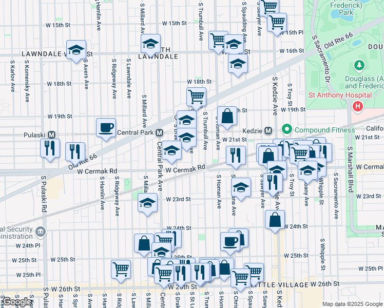 map of restaurants, bars, coffee shops, grocery stores, and more near 2128 S St Louis Ave in Chicago
