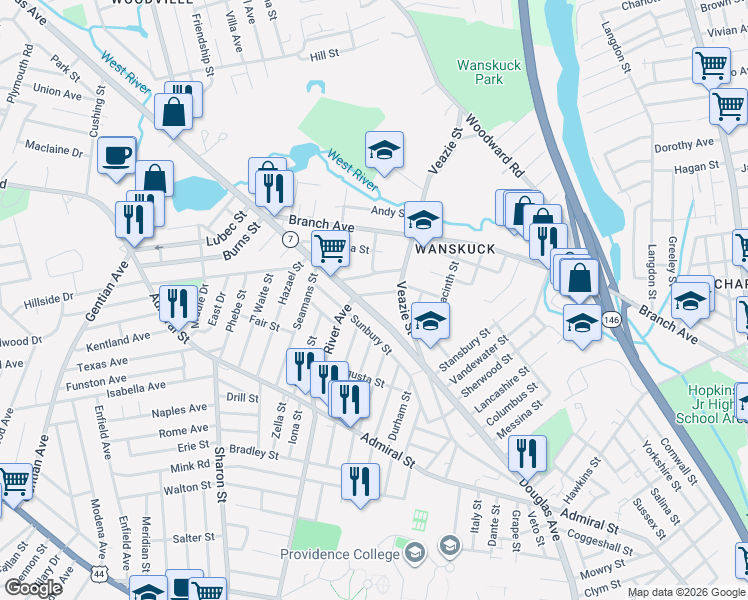 map of restaurants, bars, coffee shops, grocery stores, and more near 21 O Neil Street in Providence
