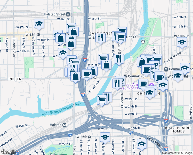 map of restaurants, bars, coffee shops, grocery stores, and more near 648 West Cermak Road in Chicago