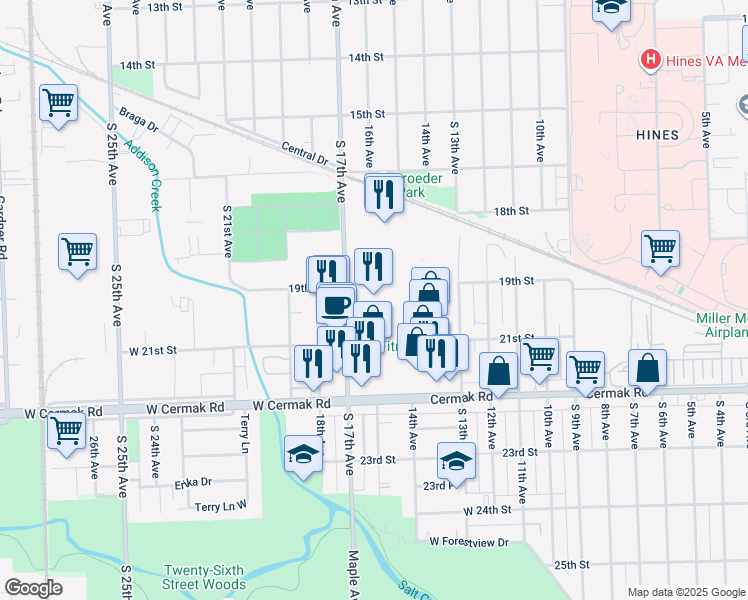 map of restaurants, bars, coffee shops, grocery stores, and more near 3500 Broadview Village Square in Broadview