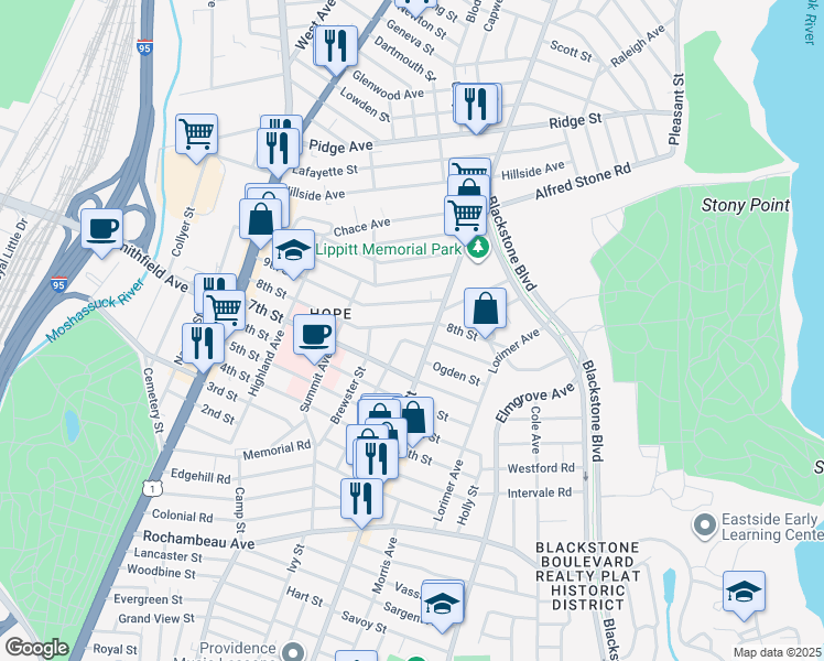 map of restaurants, bars, coffee shops, grocery stores, and more near 176 8th Street in Providence