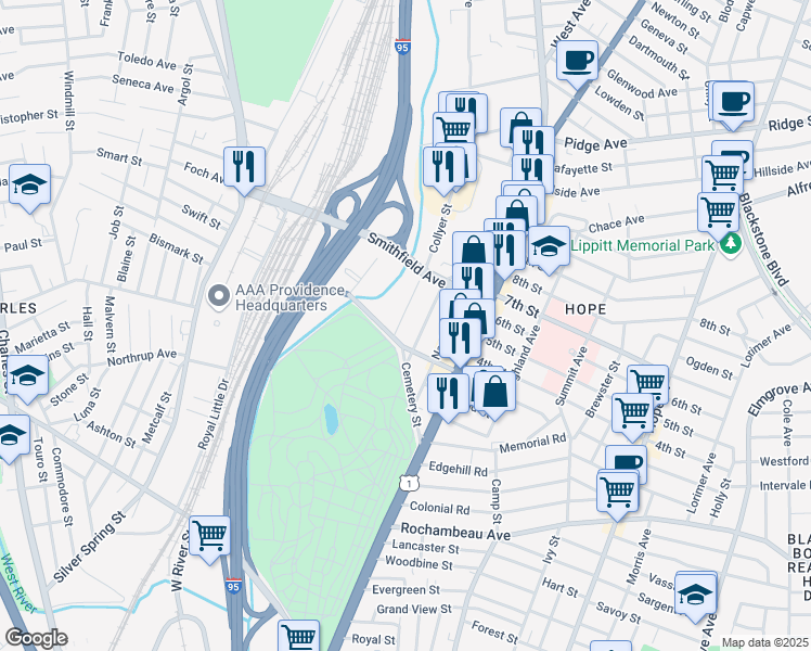 map of restaurants, bars, coffee shops, grocery stores, and more near 4 Collyer Street in Providence