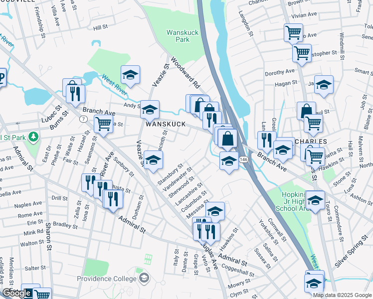 map of restaurants, bars, coffee shops, grocery stores, and more near 2 Olmsted Way in Providence
