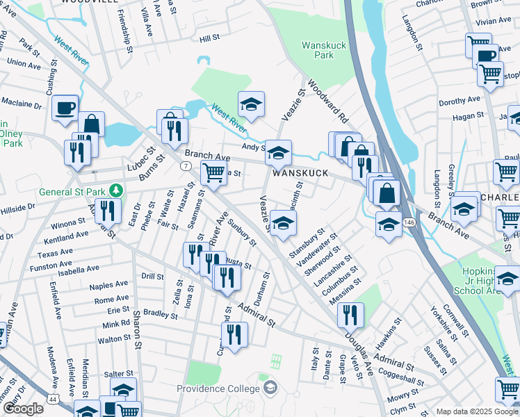 map of restaurants, bars, coffee shops, grocery stores, and more near 21 O Neil Street in Providence