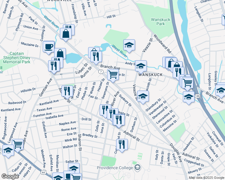map of restaurants, bars, coffee shops, grocery stores, and more near 228 Sunbury Street in Providence