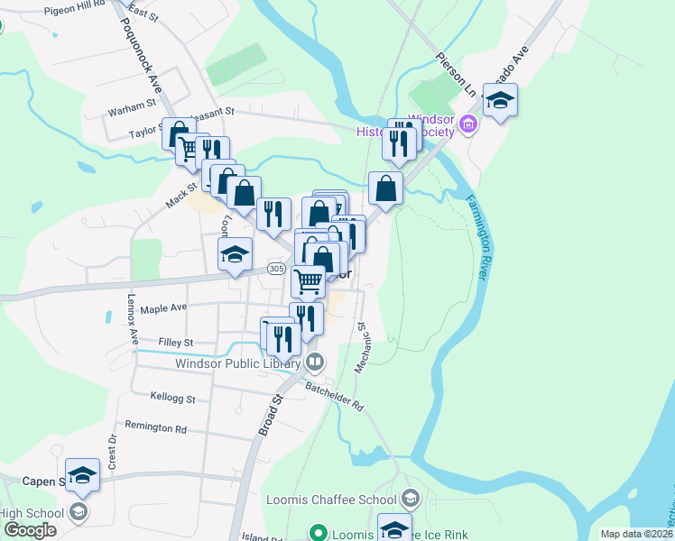 map of restaurants, bars, coffee shops, grocery stores, and more near in Windsor