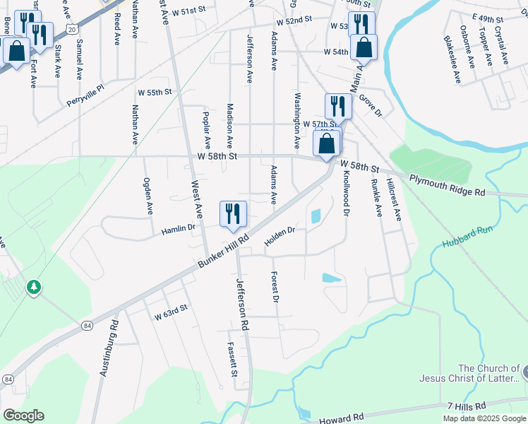 map of restaurants, bars, coffee shops, grocery stores, and more near 5917 Adams Avenue in Ashtabula