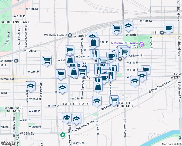 map of restaurants, bars, coffee shops, grocery stores, and more near 2203 West 21st Place in Chicago