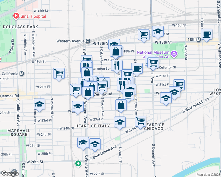 map of restaurants, bars, coffee shops, grocery stores, and more near 2241 West 21st Place in Chicago