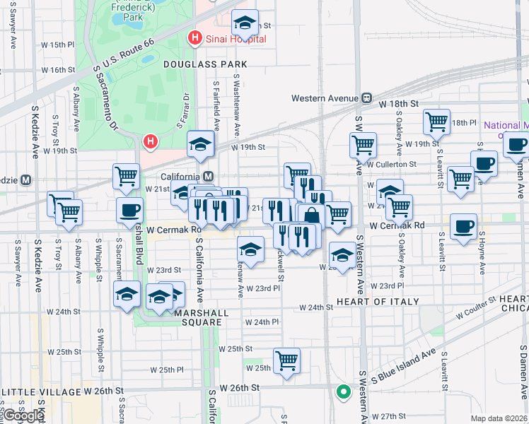 map of restaurants, bars, coffee shops, grocery stores, and more near 2622 West 21st Place in Chicago