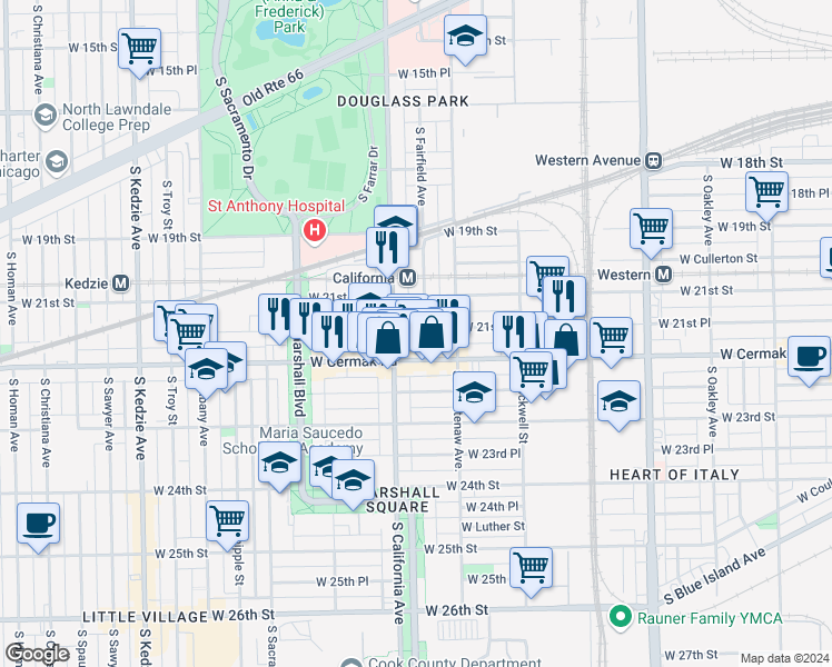 map of restaurants, bars, coffee shops, grocery stores, and more near 2122 South Fairfield Avenue in Chicago