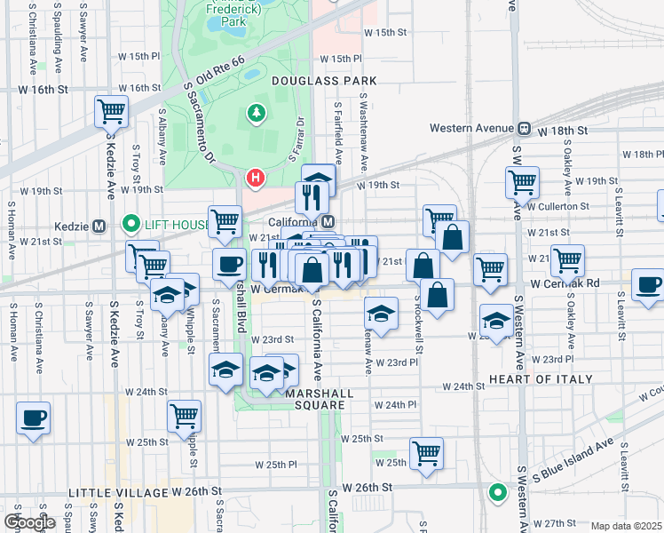 map of restaurants, bars, coffee shops, grocery stores, and more near 2122 South Fairfield Avenue in Chicago