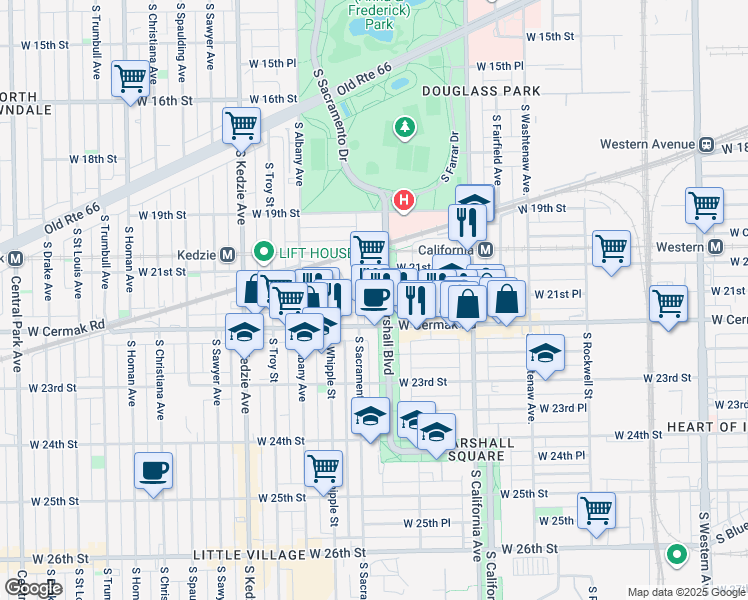 map of restaurants, bars, coffee shops, grocery stores, and more near 2117 South Marshall Boulevard in Chicago