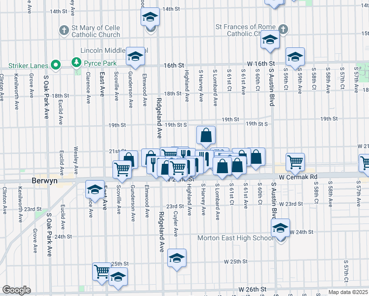 map of restaurants, bars, coffee shops, grocery stores, and more near 1930 Highland Avenue in Berwyn