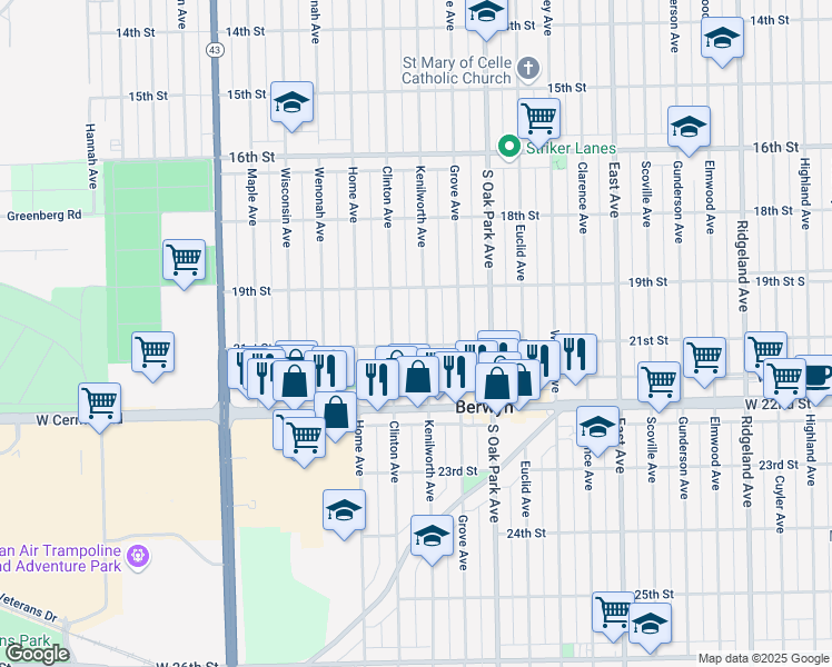 map of restaurants, bars, coffee shops, grocery stores, and more near 1928 Kenilworth Avenue in Berwyn