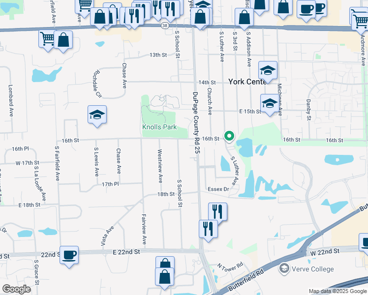 map of restaurants, bars, coffee shops, grocery stores, and more near 1600 South Meyers Road in Lombard