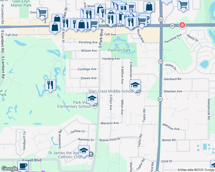 map of restaurants, bars, coffee shops, grocery stores, and more near in Glen Ellyn