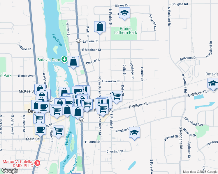 map of restaurants, bars, coffee shops, grocery stores, and more near 227 North Prairie Street in Batavia