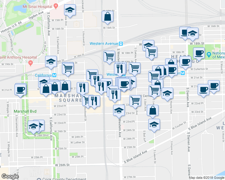 map of restaurants, bars, coffee shops, grocery stores, and more near 2430 West 21st Place in Chicago