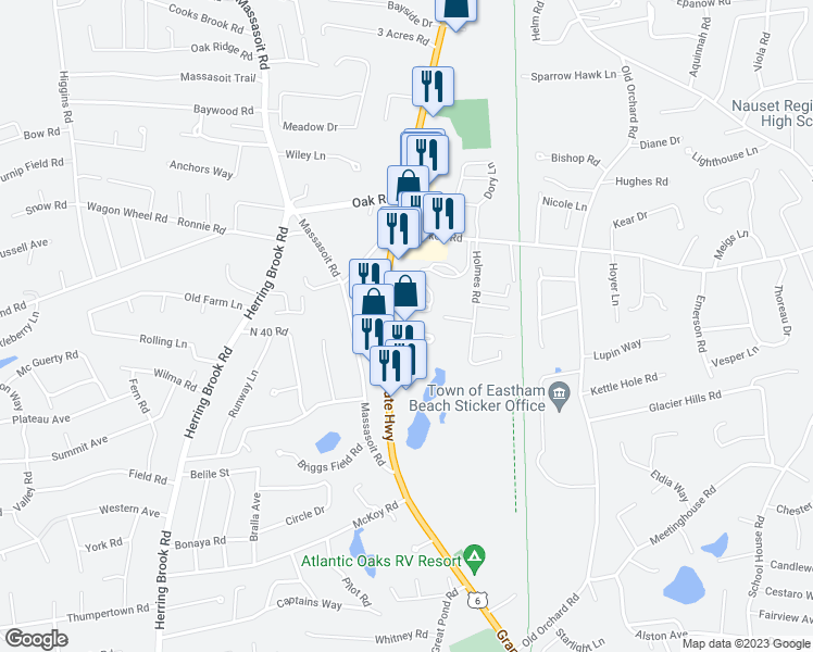 map of restaurants, bars, coffee shops, grocery stores, and more near 3 Main Street in Eastham