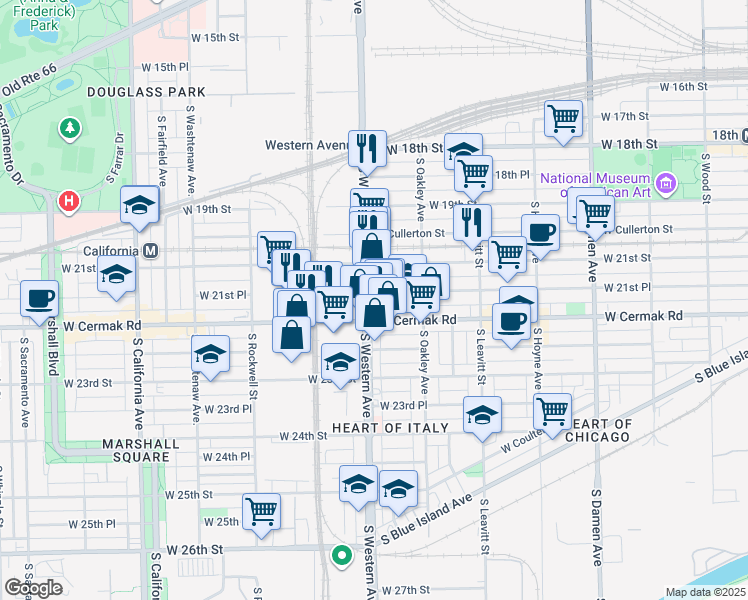 map of restaurants, bars, coffee shops, grocery stores, and more near 2139 South Western Avenue in Chicago