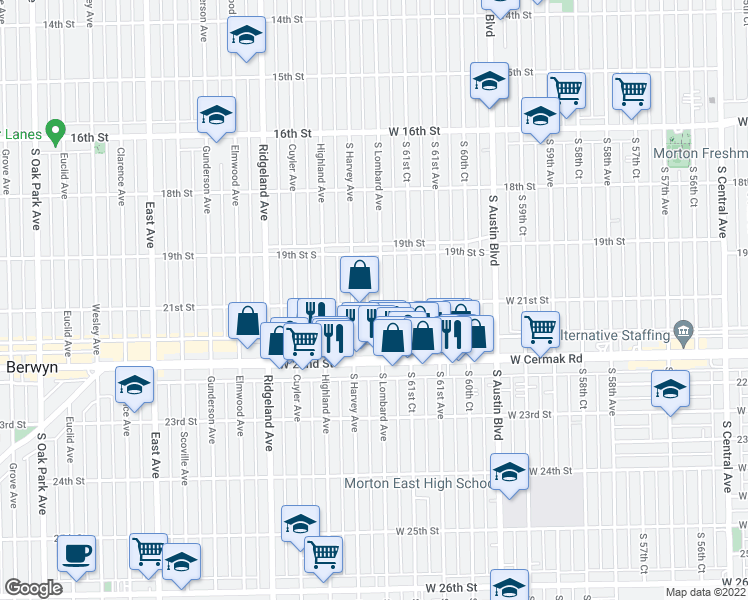 map of restaurants, bars, coffee shops, grocery stores, and more near 6205 21st Street in Berwyn