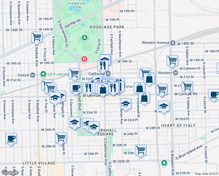 map of restaurants, bars, coffee shops, grocery stores, and more near 2122 South Fairfield Avenue in Chicago