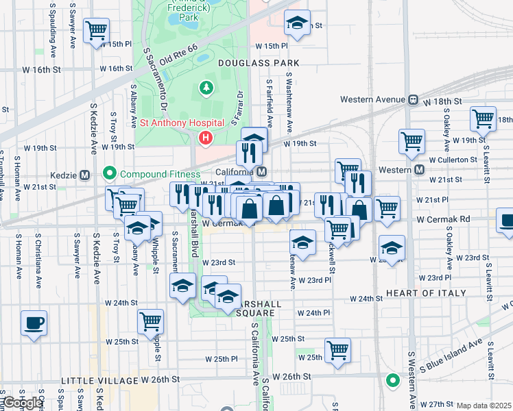 map of restaurants, bars, coffee shops, grocery stores, and more near 2133 South California Avenue in Chicago