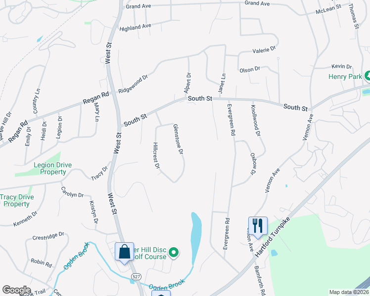 map of restaurants, bars, coffee shops, grocery stores, and more near 56 Glenstone Drive in Vernon