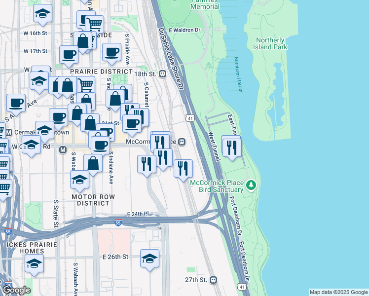 map of restaurants, bars, coffee shops, grocery stores, and more near 2301 South King Drive in Chicago