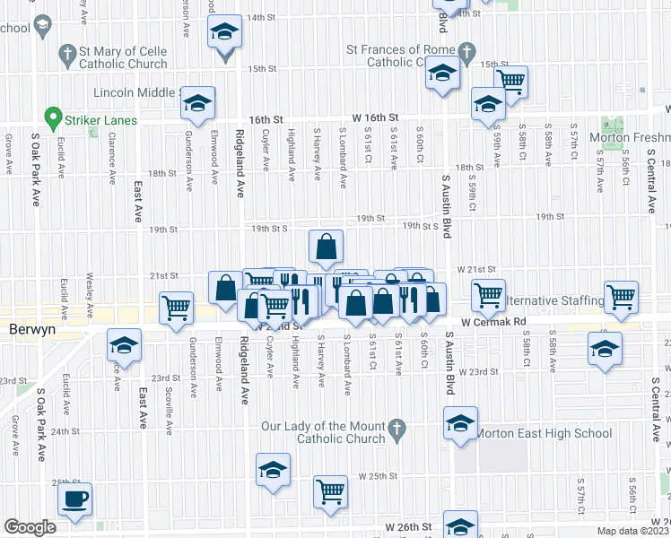 map of restaurants, bars, coffee shops, grocery stores, and more near 6207 21st Street in Berwyn