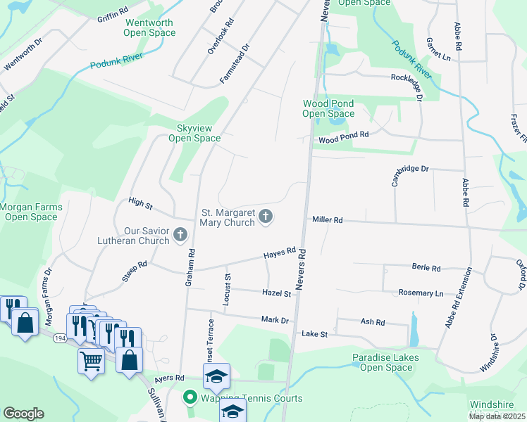 map of restaurants, bars, coffee shops, grocery stores, and more near R24 Graham Road in South Windsor