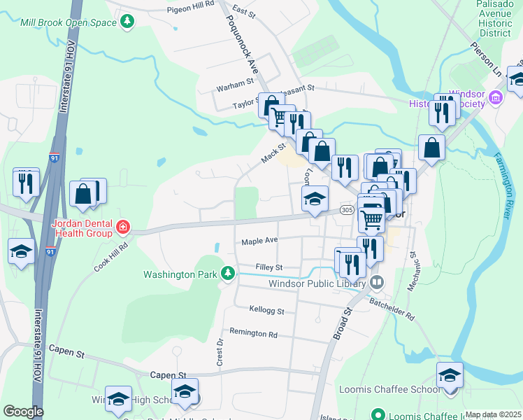 map of restaurants, bars, coffee shops, grocery stores, and more near 156 Bloomfield Avenue in Windsor