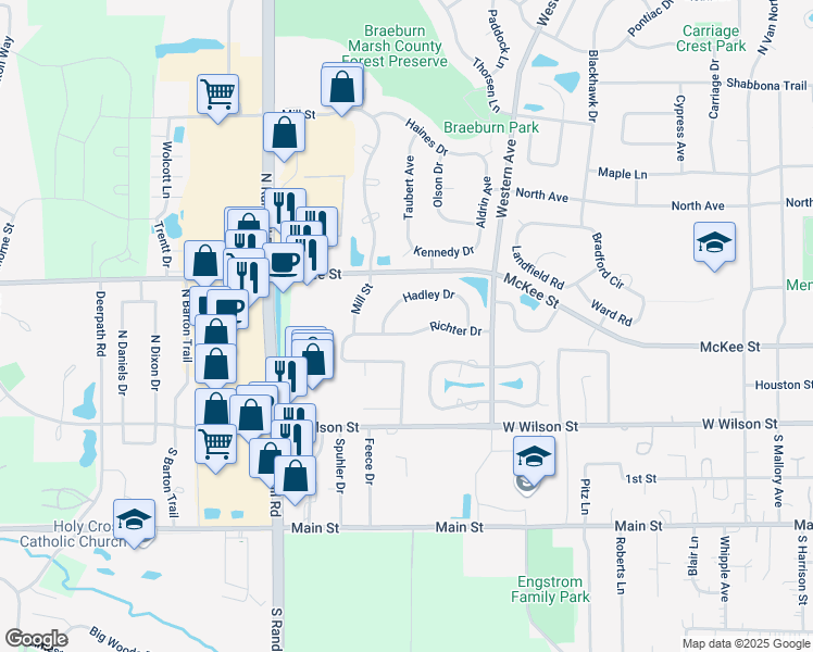 map of restaurants, bars, coffee shops, grocery stores, and more near 1623 Richter Drive in Batavia
