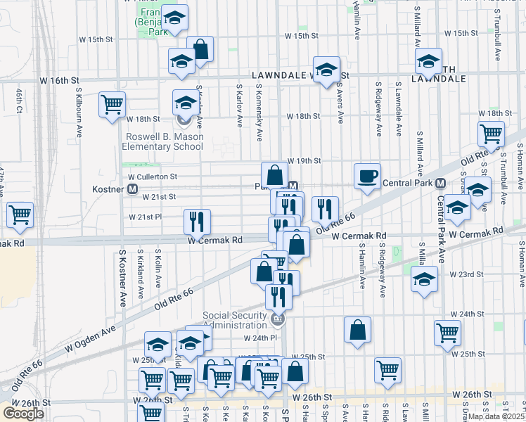 map of restaurants, bars, coffee shops, grocery stores, and more near 4026 West 21st Place in Chicago