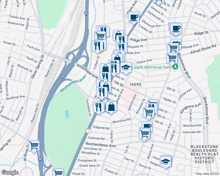 map of restaurants, bars, coffee shops, grocery stores, and more near 1200 North Main Street in Providence
