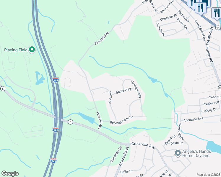 map of restaurants, bars, coffee shops, grocery stores, and more near 21 Surrey Drive in Johnston