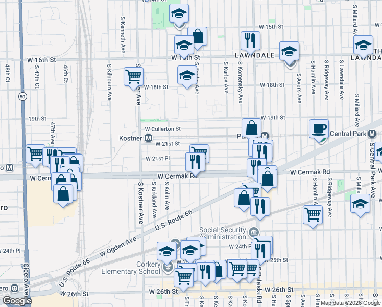 map of restaurants, bars, coffee shops, grocery stores, and more near 4221 West 21st Street in Chicago